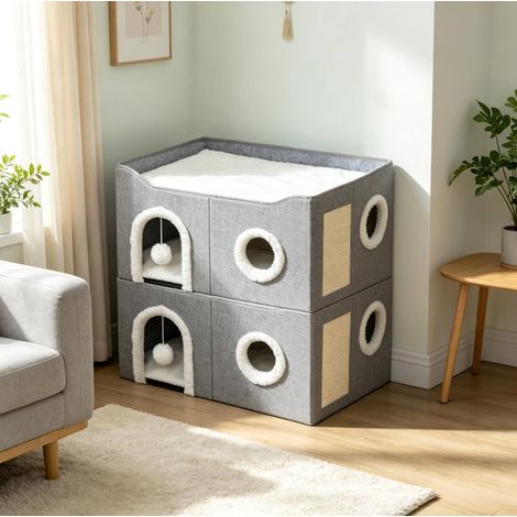 Klappbares Katzenhaus 60 x 40 x 34 cm aus MDF und Sisal, grau, mit Kratzfläche für innen (1/5)