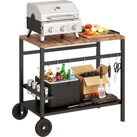 Chariot barbecue à deux étages avec table d'appoint mobile sur roulettes, équipé d'un porte-gobelets, de crochets et de poignées, noir et marron. (1/5)