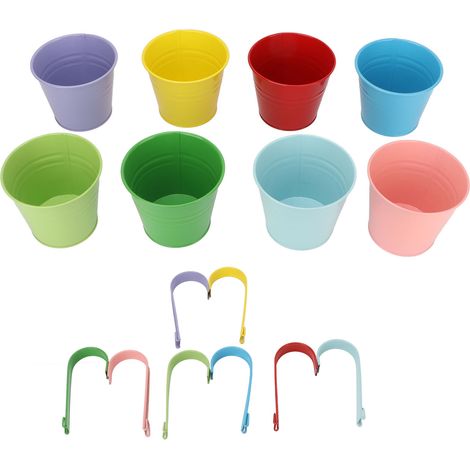 Jardinière à seau suspendue 8 pièces, Pots de fleurs décoratifs colorés en fer avec crochets détachables pour garde-corps, clôture et balcon (1/5)