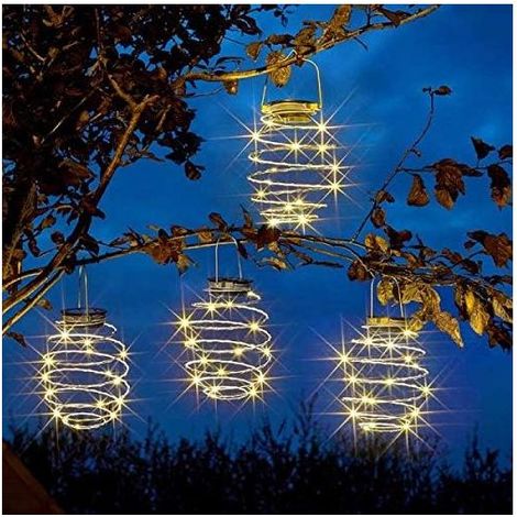 Garden Mile Lot de 4 lanternes solaires à LED blanches avec effet spirale - Lanternes solaires LED en cuivre à suspendre pour fête, mariage, décoration de jardin (lumière spirale) (1/5)