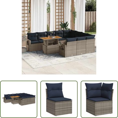 Gartenmöbel - 11-tlg. Garten-Sofagarnitur mit Kissen Grau Poly Rattan (1/5)