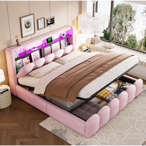 Letto matrimoniale 180x200 cm in velluto rosa con contenitore idraulico – MEUBLIV (1/5)