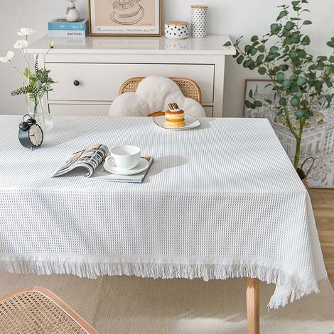 Nappe en polycoton, 180 x 180 cm — Tissage gaufré (blanc crème) avec pompons — Convient aux tables carrées ou rondes (1/3)