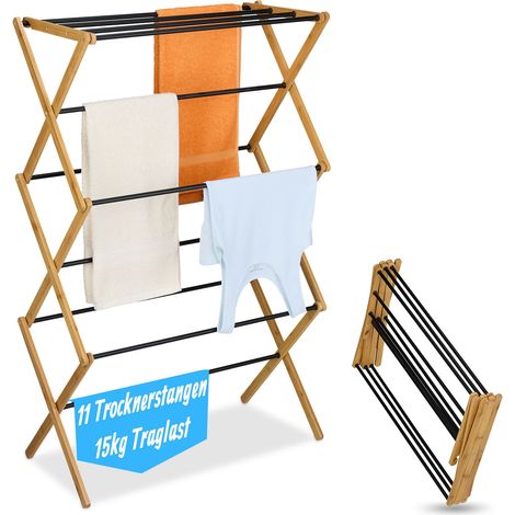 Relaxdays Wäscheständer, klappbar, 11 Stangen, HxBxT: 115 x 73 x 33 cm, Bambus, Metall, Turmwäscheständer, natur/schwarz