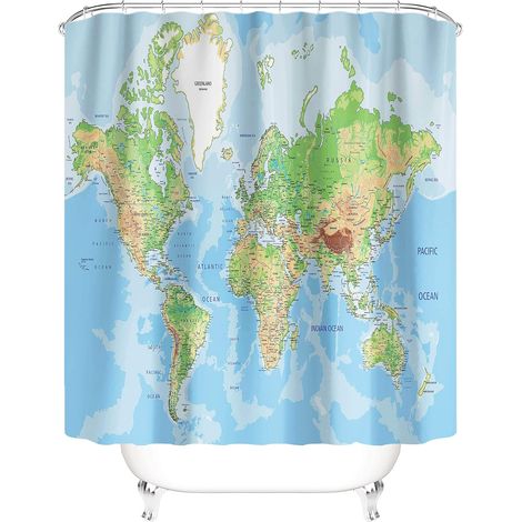 Tenda da doccia Taysta, mappa del mondo, arte per il bagno, educazione, geografia, paesi, capitali, tessuto, grande opera d'arte, proiezione, motivo, arredamento per il bagno, set di tende da doccia d (1/5)