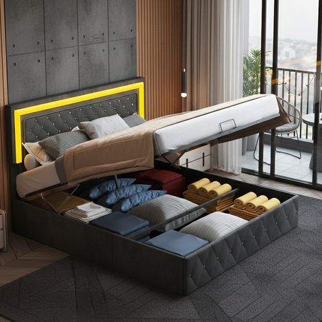 Lit double capitonné 160x200 cm, moderne lit coffre avec LED, tête de lit réglable, avec rangement, lit pour adultes adolescents avec sommier à lattes, velours, noir (1/5)