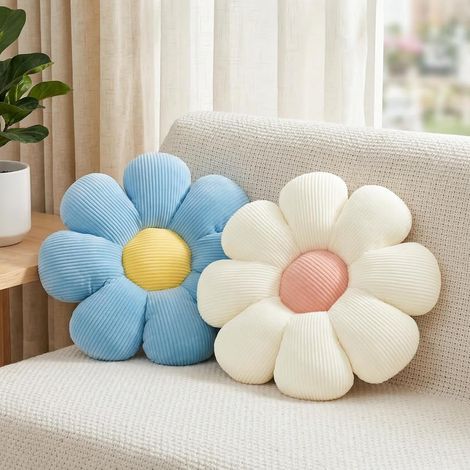 Stück weiße und blaue Blumenkissen, dekorative Wurfkissen für Bett, Couch, Sofa, Stuhl, 15,35 Zoll, niedliche ästhetische gänseblümchenförmige Kissen, Bodenkissen für Schlafzimmer, Zimmer, Klassenzimm (1/5)