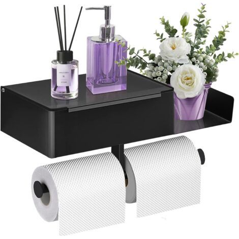 Porte Papier Toilette, Porte Papier Toilette Mural sans Perçage avec Étagères et Boîte à Lingettes Humides, Support Papier Toilette avec 2 Porte Rouleau pour Salle de Bain et Cuisine - B (1/4)