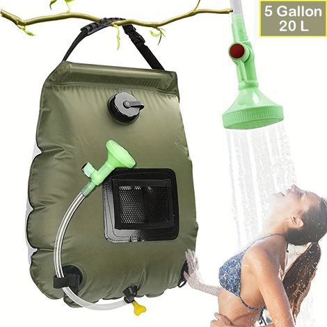 Lot de 1 Sac de douche solaire chauffant pour camping, randonnée et bain en plein air, avec réservoir d'eau chaude portable, tuyau et pommeau de douche interchangeables. (1/5)