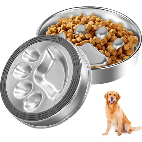 1 Gamelle anti-glouton, Acier inoxydable 304, Tapis silicone antidérapant, Ø22 cm, Chien chat taille moyenne grande