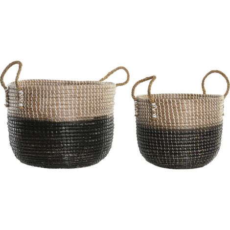 Panier tressé bicolore naturel et chic pour déco - Jonc de mer naturel tressé avec touche noire (1/3)