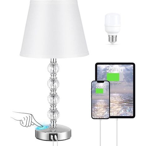 【Upgraded】Crystal Bedside Lamp, Touch Bedside Lamp with USB A+C Charging Ports, Modern Table Lamp for Bedroom, Living Room, Guest Room and Office (LED Bulb Included)