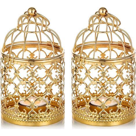 2 Pièces Petite Lanterne Cage Oiseaux Suspendue Photophore Métal, Lanternes Dorées pour Bougies Centres Table Vintage Mariage Fête Porte-Lumière Chauffe-Plat Décorations Bougeoirs Noël (1/4)