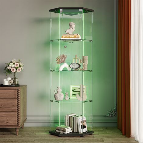 Vitrine en Verre,Vitrines d'angle en Verre avec LED,Hauteur de 162 cm Armoire de Collection en Verres à 4 Couches avec 1 Porte, vitrine trempé Transparent Moderne pour Salon, Chambre à Coucher, Bureau