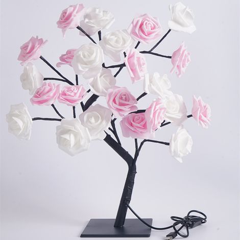 Lampe de bureau LED en forme de bonsaï, lampe USB, décoration de Noël pour chambre, veilleuse de bureau, blanche et rose, 24 lumières roses (1/5)