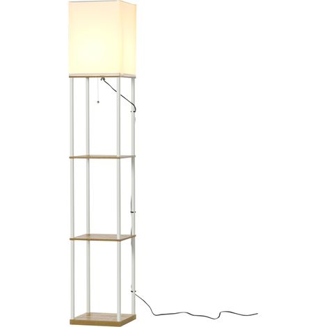 Modern Floor Lamp with Shelves, 3 Layer Shelf Tall Standing Lamp with Fabric Lampshade, Pull Chain Switch for Living Room, Bedroom, Bulb not Included, White