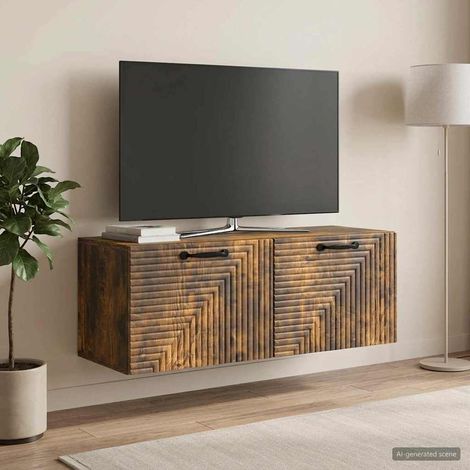 Meuble TV mural en bois d’ingénierie chêne fumé 78,5 x 31 x 30 cm, 2 portes - PANGIVO (1/5)