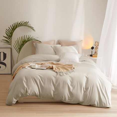 Parure de lit 3 pièces en Microfibre Douce Beige pour lit Simple – Housse de Couette de 172,7 x 218,4 cm avec 2 taies d'oreiller – Aspect Lin avec Fermeture éclair (1/5)