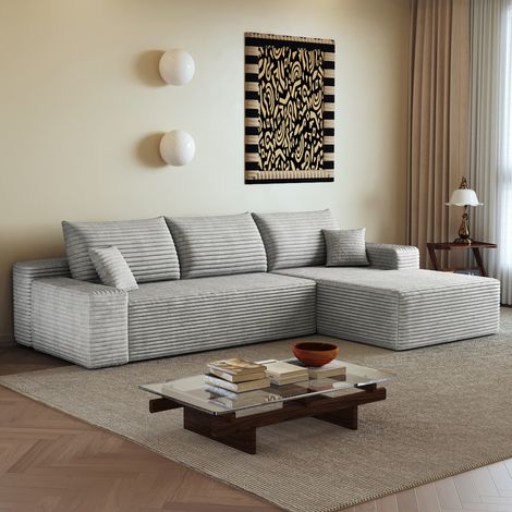 Divano angolare modulare 270 cm con chaise longue, senza montaggio, in tessuto grigio OKMYHOME (1/5)