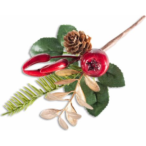 Piques de Noël grenade, feuilles dorées et piment artificiel, lot de 30, H. 11 cm (avec tige 18)