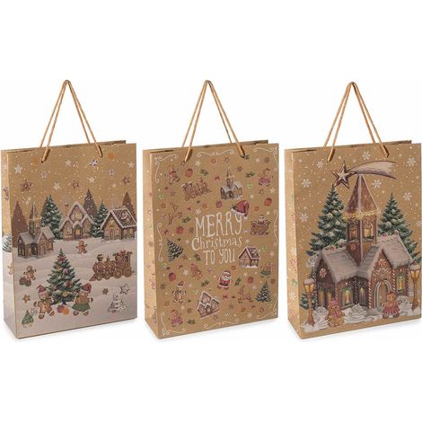 Sacchetti / buste grandi in carta kraft con stampa biscottini pan di zenzero con manici, set da 36 pezzi, cm 24 x 8 x 33 H