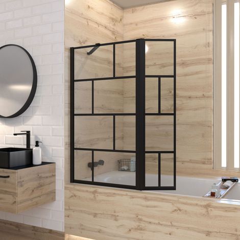 Mampara de Bañera con Panel Pivotante -Perfil Negro -130x104cm -Vidrio 5mm