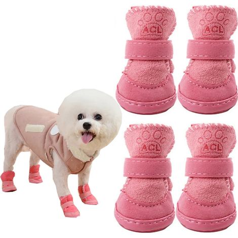 Chaussures pour chiens avec protection des pattes, chaussures de neige antidérapantes en peluche pour animaux de compagnie, roses (L : 3,3, l : 4,3) (1/5)