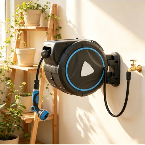 Enrouleur de tuyau d'arrosage automatique mural 23 m avec pistolet 10 modes, tuyau d'entrée 2 m, retour lent, verrouillage à chaque longueur, support pivotant à 180° - CHICFURN (1/5)