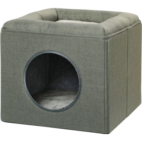 Niche 2 niveaux avec coussin moelleux en peluche gris 36,5 x 36,5 x 33 cm (1/5)