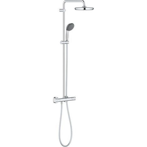 Grohe – Colonne de douche thermostatique – Finition métal chromé – Pomme haute ronde 20-24 cm – Jet pluie – Flexible 1.75 m lisse (1/3)