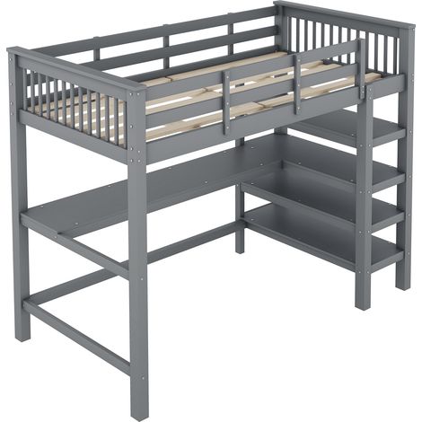 Cama alta infantil 90 x 200 cm gris con escritorio y estantes, sin colchón (1/5)