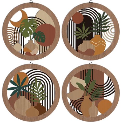 Ensemble de 4 Imprimés d'Art Murial Abstrait Boho Encadrés de Bois Décor Murial Moderne Mini Œuvres d'Art Suspendues avec Crochet Triangulaire Forme Ronde Creuse pour Salon Chambre 25cm (1/5)