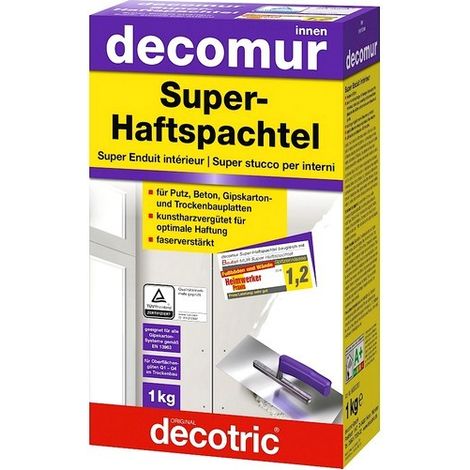 Enduit de lissage plâtre résiné et fibré – Application sur plaques BA13 – Épaisseur jusqu'à 10 cm – Conditionnement 1 kg – Decotric