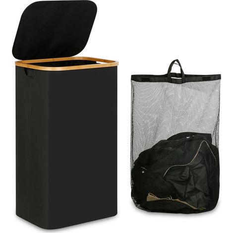Panier à Linge avec Couvercle,110L Grand Corbeille à Linge avec Poignées en Bambou, Bac a Linge Laundry Basket Pliable Pliable avec Sac Amovibles en Tissu Oxford,Noir (1/5)