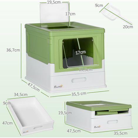 Bac à litière pliable pour chat avec 2 portes, pelle à litière, 47,5 x 35,5 x 36,7 cm, blanc/vert (1/5)