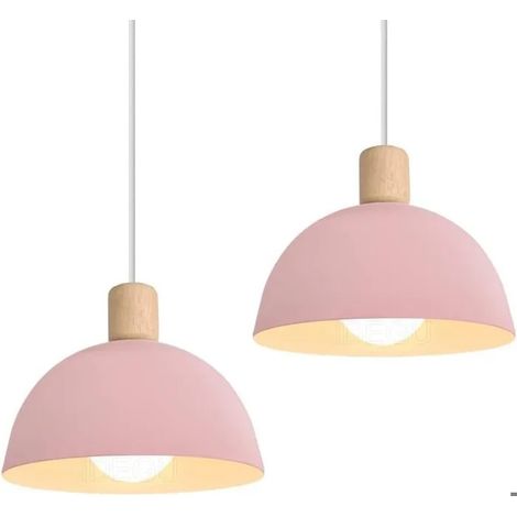 Lot de 2 Lustre Suspension Rétro Suspension Luminaire Moderne Style Demi-Cercle Plafonnier E27 en Bois Métal Rose, Ø 20CM (1/5)