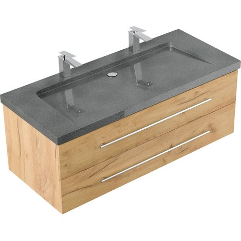 Badmöbel Granit G654 Damo 130 cm 2 Hahnlöcher SoftClose eiche gold