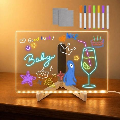 Tableau lumineux Message LED,Tableau Mémo lumineuse Dessin,avec 7 Stylos et Support Réglable,Tableau Transparent Essuyable (1/5)