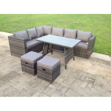 Dark Mixed Grey Rattan Garden Outdoor Corner Sofa Set Rectangular Dining Table Small Footstools 8 Seater (1/2)