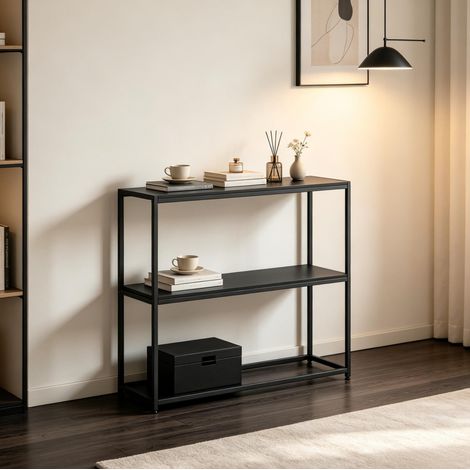 Console moderne 100x30x87 cm en acier noir, gain de place pour entrée, salon FloraGrace (1/5)