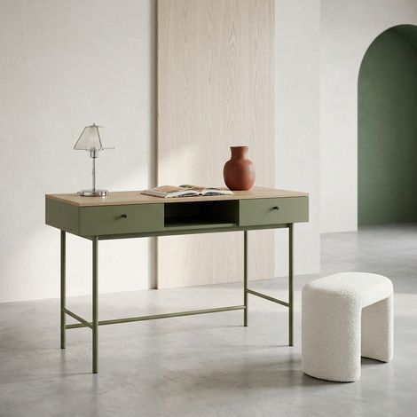 Bureau décor bois et fer 2 tiroirs 1 casier kaki - William (1/5)