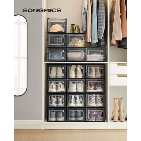 SONGMICS Scatole per Scarpe, Pacco da 18 Contenitori per Scarpe, Organizzatori Porta Scarpe Pieghevoli e Impilabili, Fino a Taglia 46, Trasparente e Nero (1/5)