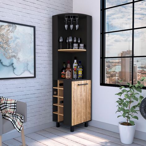 Tuhome Concept – Meuble bar d'angle Kaia 179.8 cm AL x 44.95 cm AN x 44.95 cm P – Noir et miel – Surface antibactérienne – Idéal pour cuisine moderne