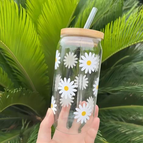 Tasse Esthétique 17oz Verre, Couvercle Bambou + Paille, Forme Canette Bière, Gobelet Eau Femme (1/5)