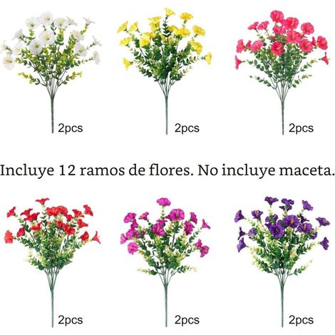 Fleurs artificielles d’extérieur – Lot de 12 paquets de gloire du matin en soie colorée avec eucalyptus, résistantes aux UV, pour décoration extérieure (1/4)