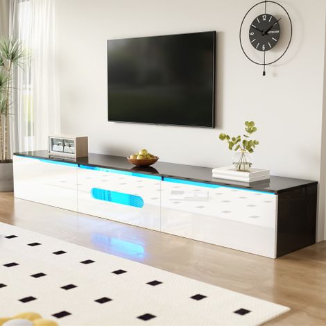 BLOSSOM Meuble TV 180 x 35 x 30 mit LED,3 Tiroirs,finition brillante,adaptable en fixation murale,Style irrégulier - Noir et blanc (1/5)