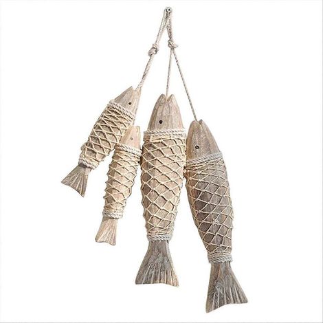 Lot de 4 sculptures de poissons style antique, en bois sculpté à la main, décoration murale ou d'intérieur pour maison et jardin (1/5)