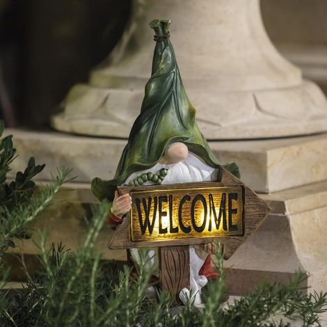 Figurine de Jardin en résine - Tomte de Noël à Longue Barbe Tenant Un Panneau de Bienvenue avec des lumières LED solaires, décorat (1/5)