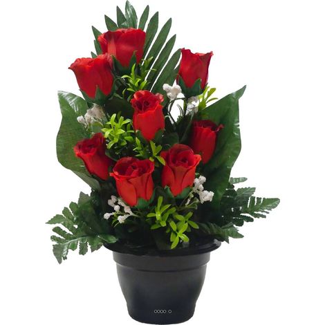 Pot de boutons de Roses fleurs artificielles pour le cimetière H 38 cm D 21 cm Rouge - couleur: Rouge