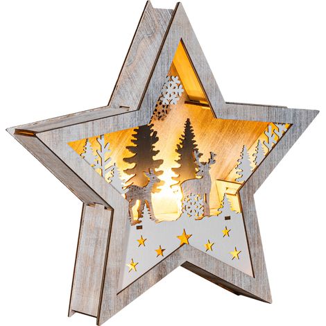 LED Weihnachts Stern aus Holz 25 cm - Rentier im Wald - Deko Aufsteller warm weiß beleuchtet - Weihnachten Advent Winter Stern Tisch Deko Beleuchtung Batterie betrieben